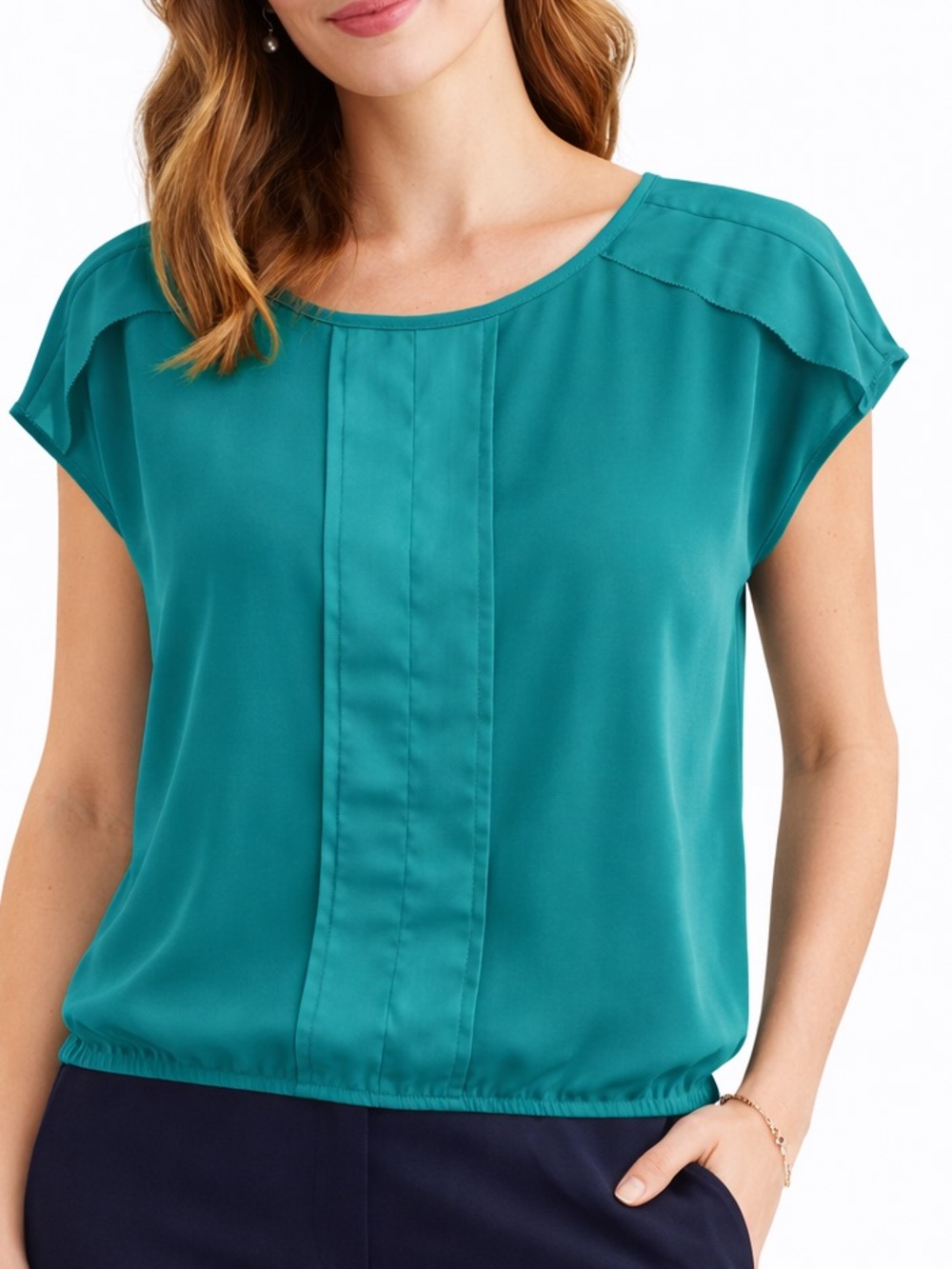 Ann Taylor Teal Blouse Size L Cap Sleeve Pleated Front Lightweight Top